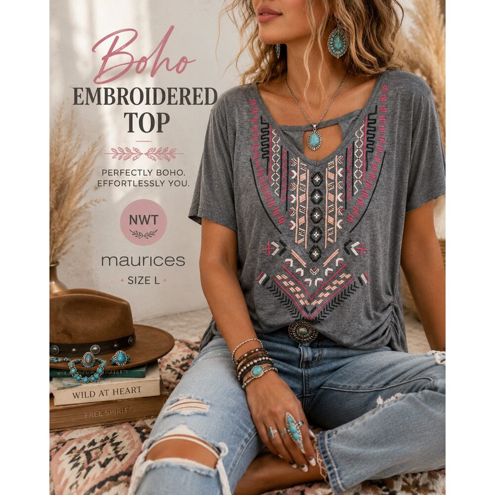 NWT Maurices Embroidered Boho Top Gray Pink Tribal Print Tee Size Large